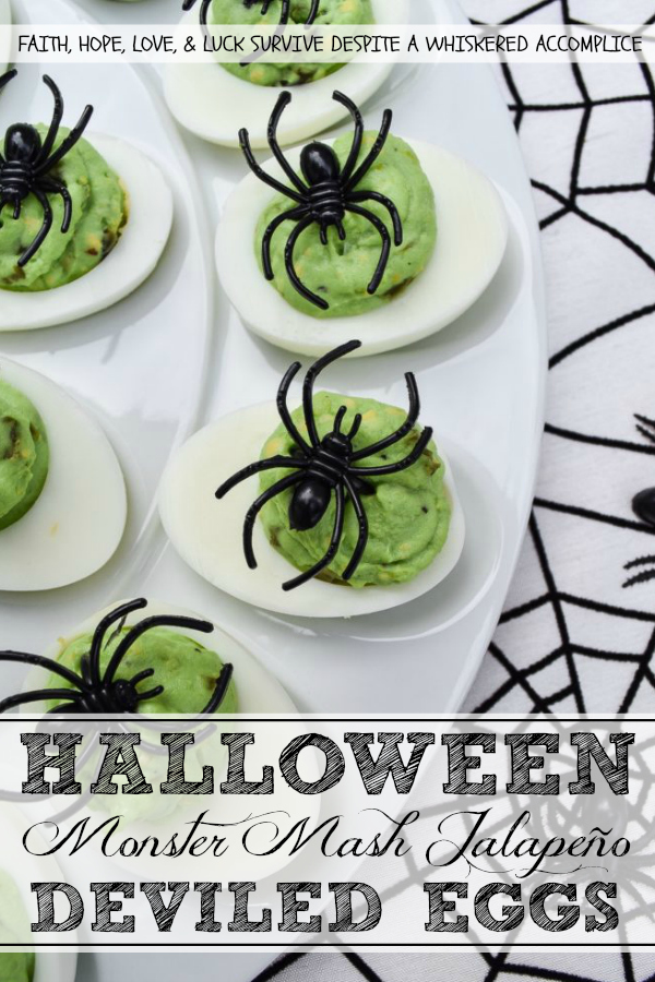 Halloween Monster Mash Jalapeño Deviled Eggs - These sweet and spicy monster mash deviled eggs are the perfect party treat to share with your ghouls and goblins this Halloween season. Finely diced candied jalapeños are the secret to their amazing flavor. Add in a bit of green food coloring and a spider garnish on top for just the right festive holiday touch.